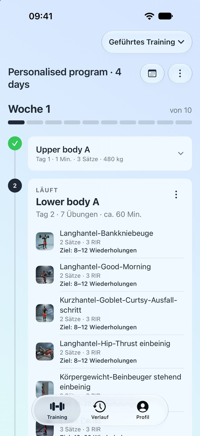 LiftSmart Startseite des geführten Trainings mit der aktuellen Programmwoche