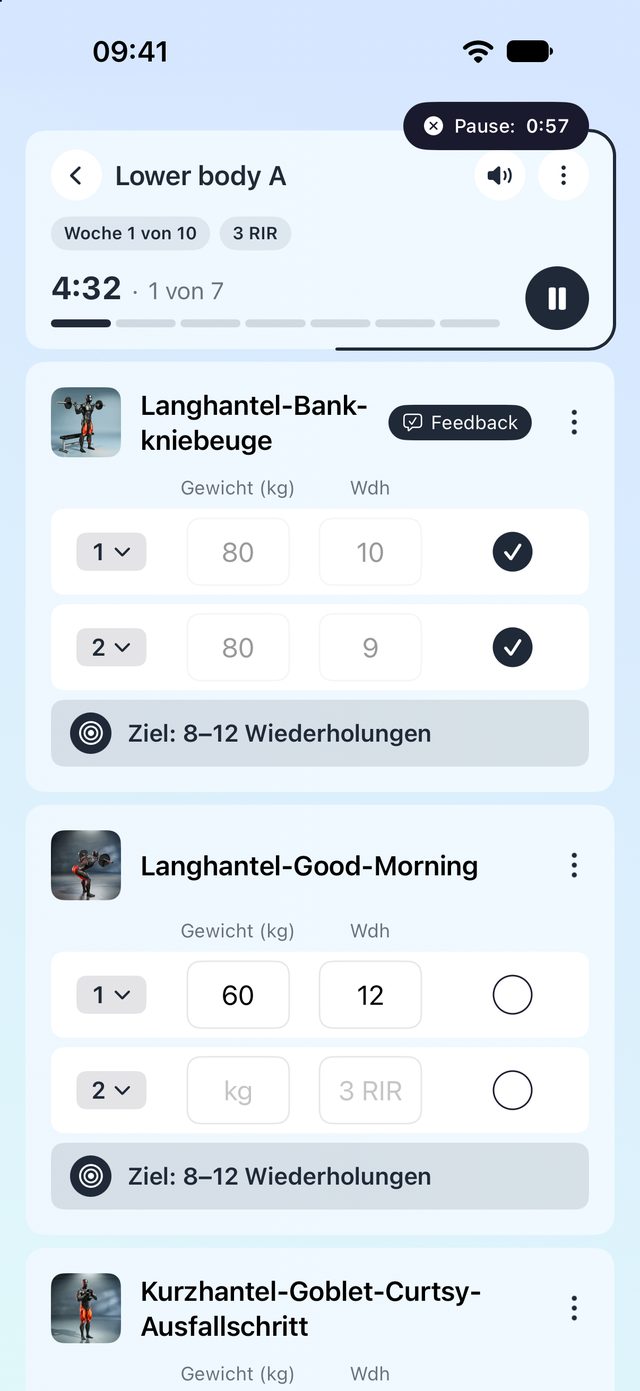 Eine geführte Einheit mit vorgegebenen Sätzen, Wiederholungen und Belastungszielen