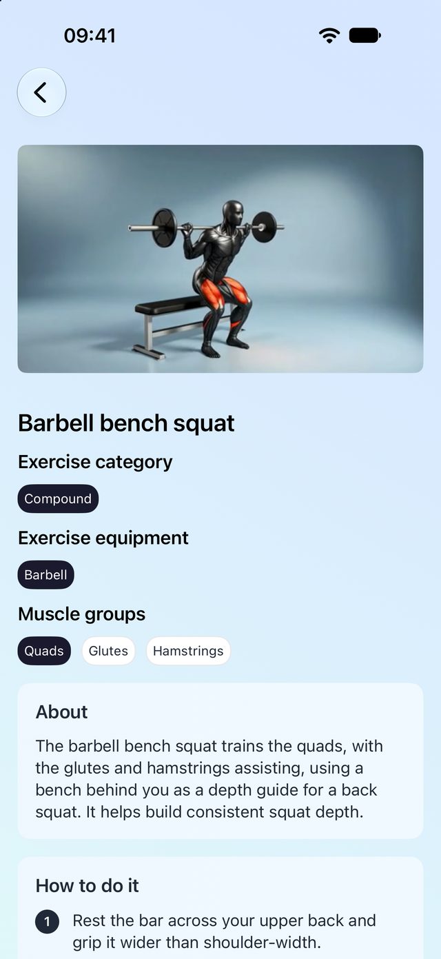 Exercise details with video, muscles worked and step-by-step guidance