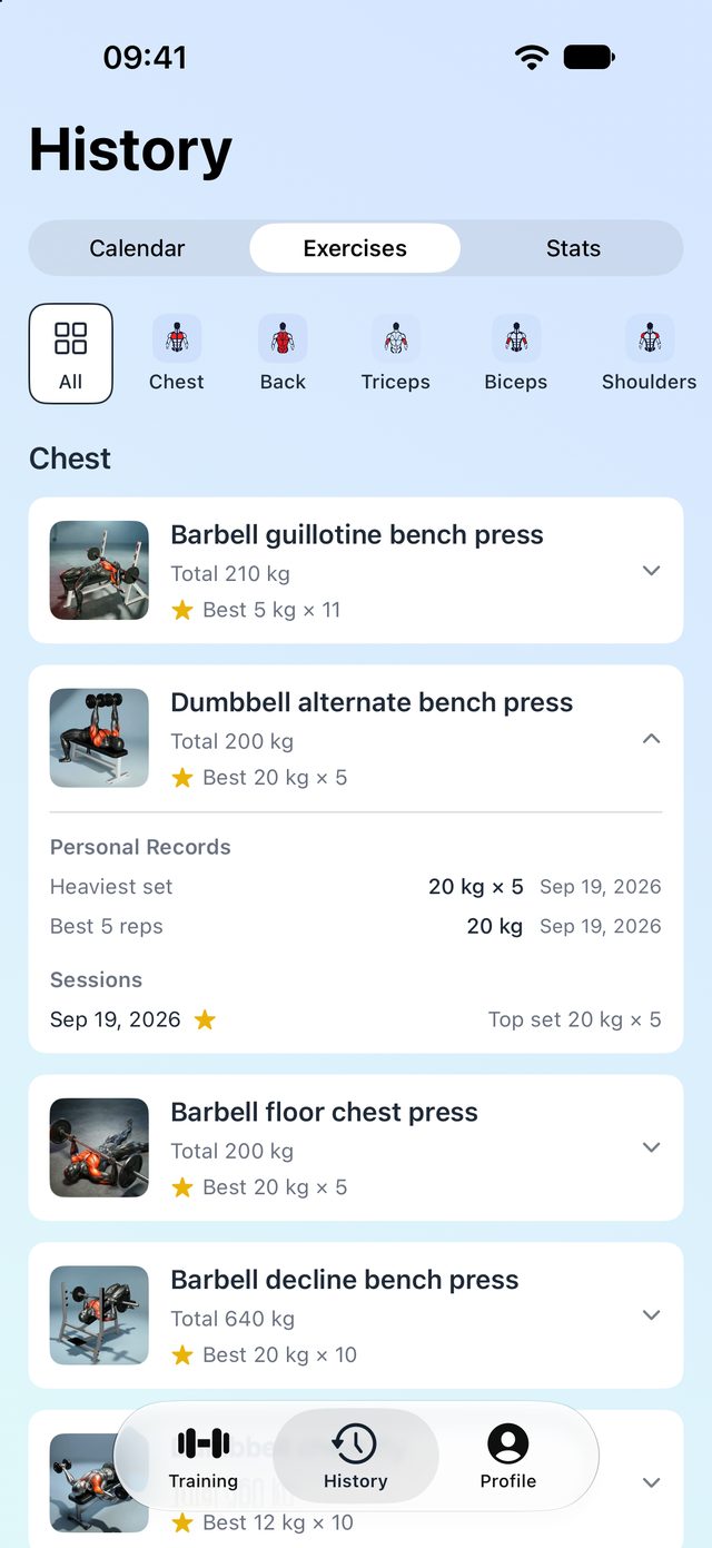 Training history calendar with worked muscles