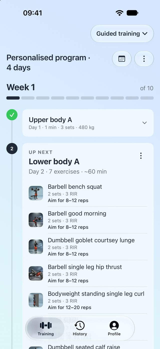 LiftSmart Guided training home showing the current program week