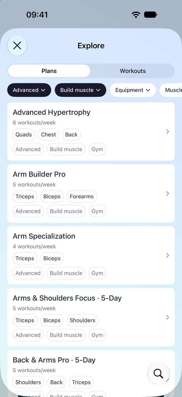 Explore screen with ready-made training plans