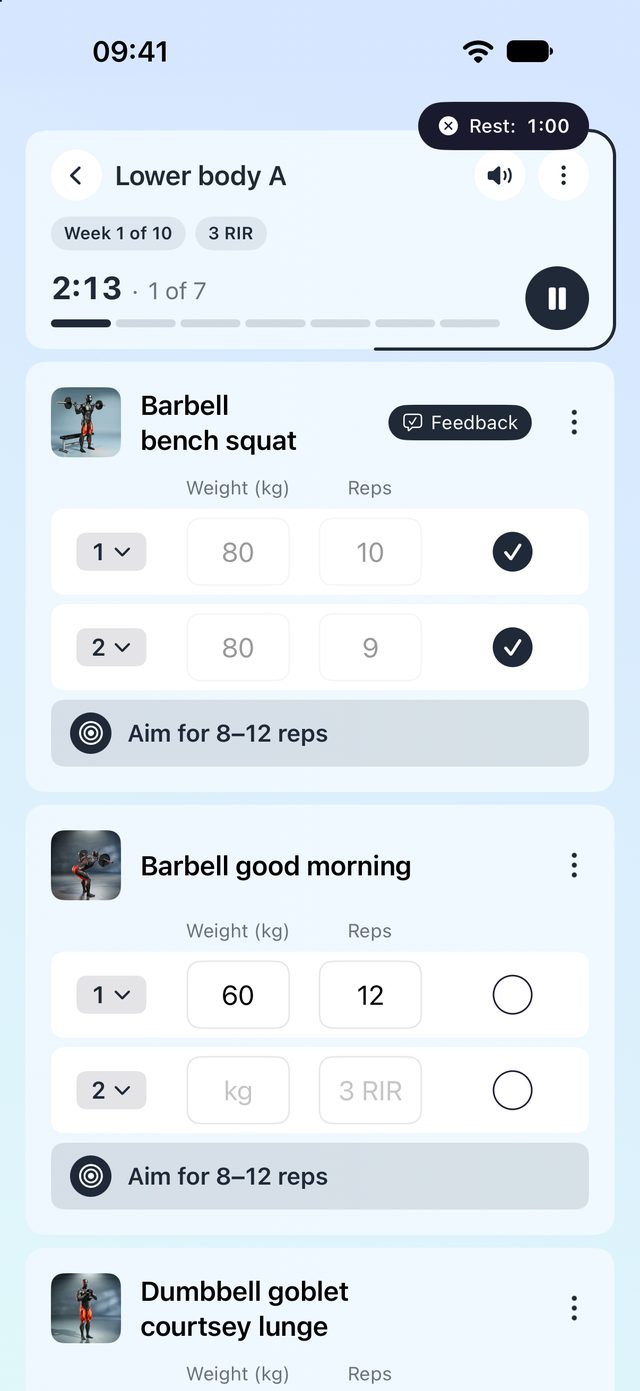 A guided session with prescribed sets, reps and effort targets