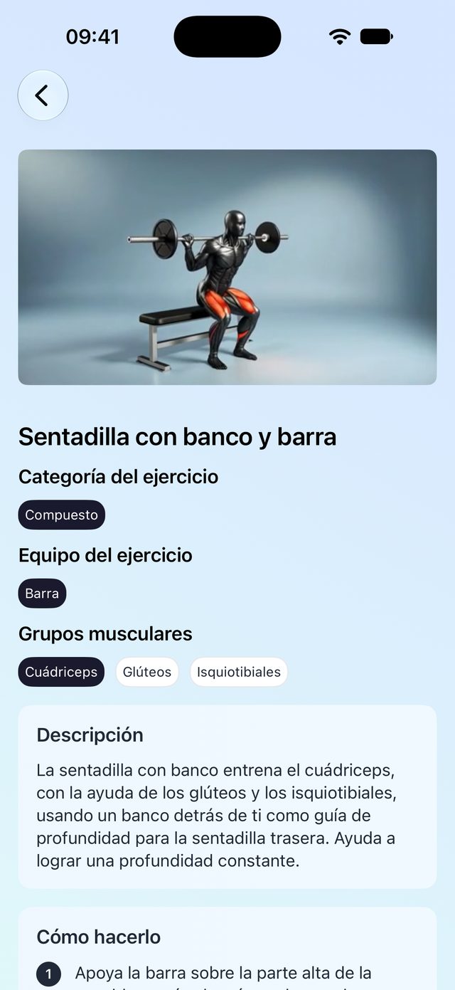 Detalles de un ejercicio con vídeo, músculos trabajados y guía paso a paso