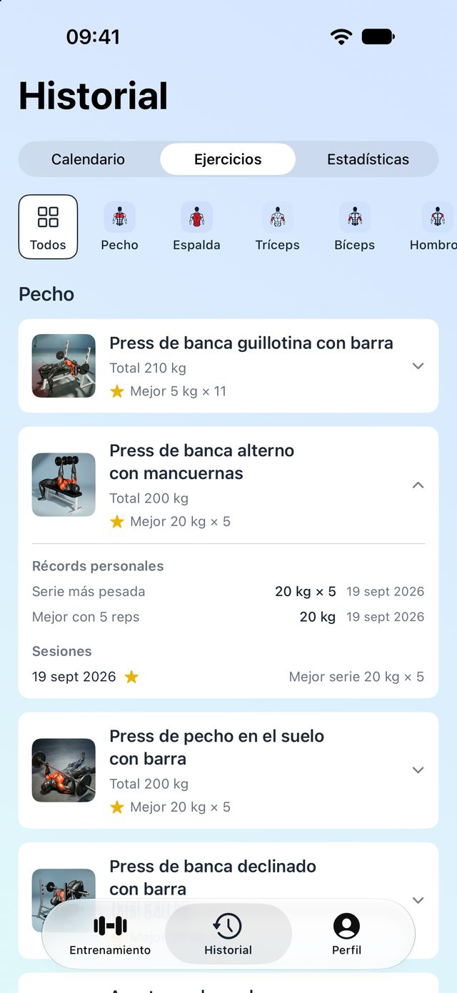 Calendario del historial con músculos trabajados