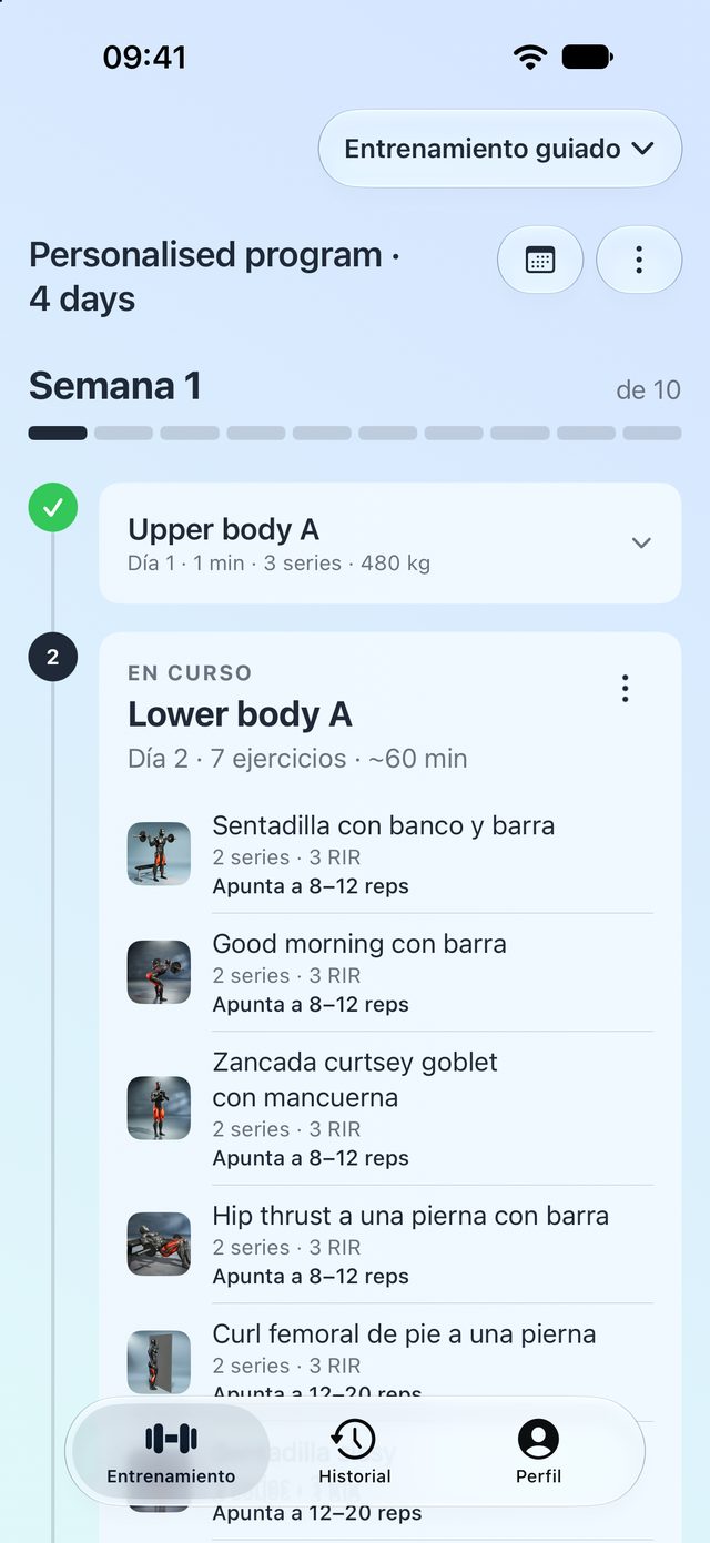 Inicio del Entrenamiento guiado de LiftSmart con la semana actual del programa