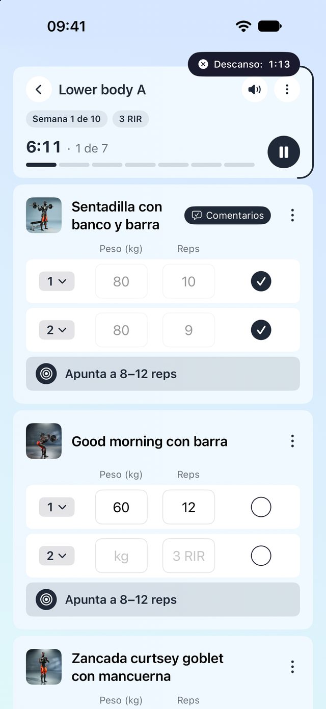 Una sesión guiada con series, repeticiones y objetivos de esfuerzo prescritos