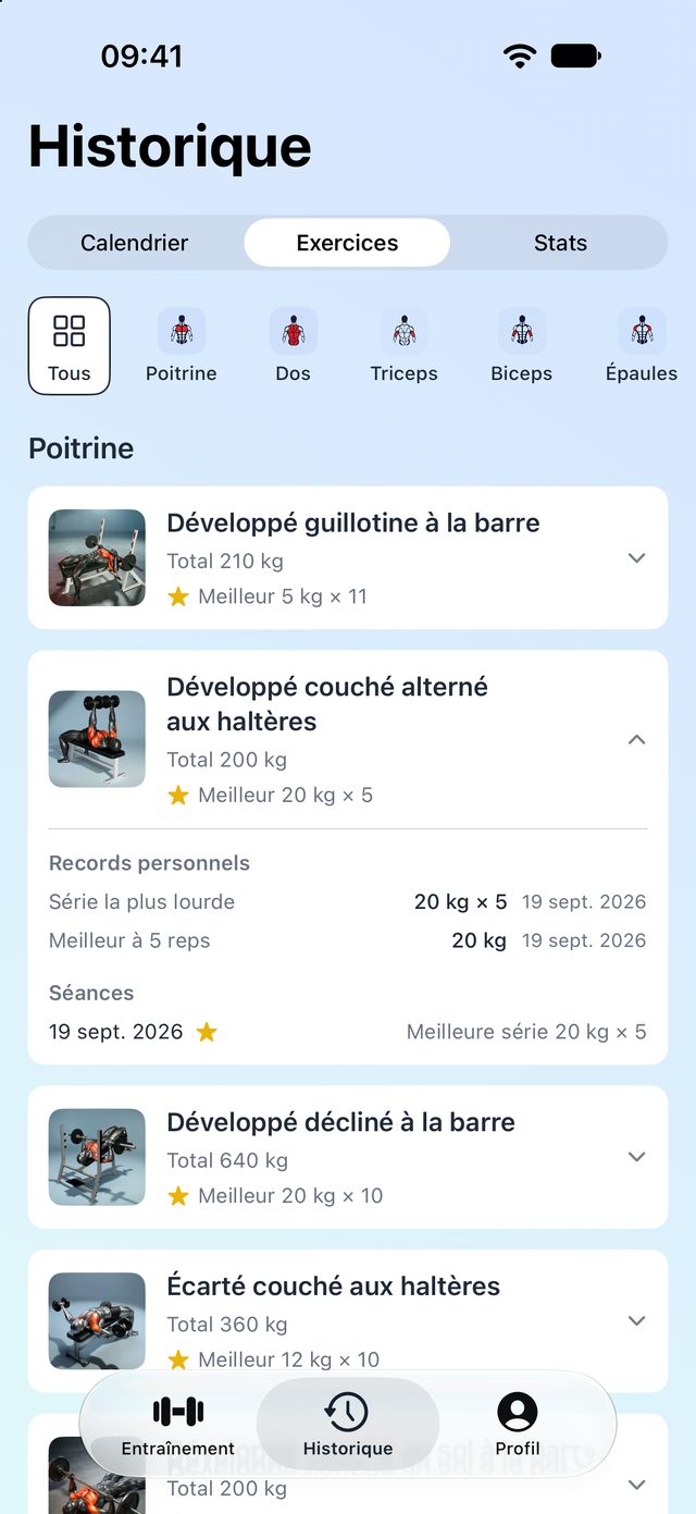 Calendrier de l'historique avec les muscles travaillés