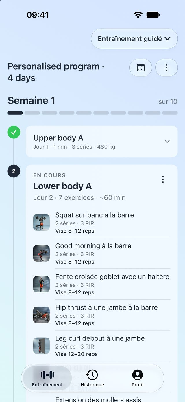 Accueil de l'Entraînement guidé LiftSmart avec la semaine en cours du programme