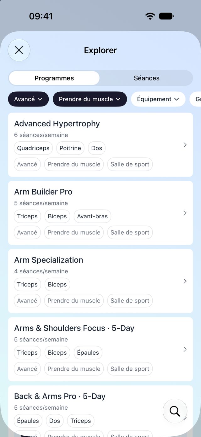 Écran Explorer avec des plans d'entraînement prêts