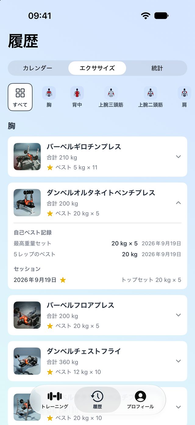鍛えた部位を表示した履歴カレンダー