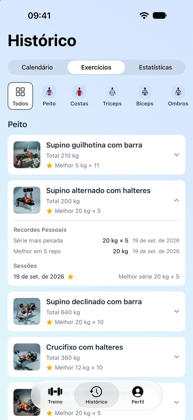 Calendário do histórico com músculos trabalhados