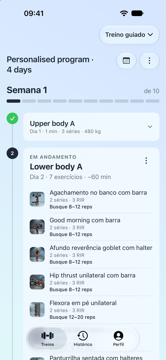 Tela inicial do Treino guiado do LiftSmart com a semana atual do programa