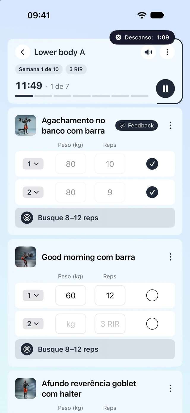 Uma sessão guiada com séries, repetições e metas de esforço prescritas